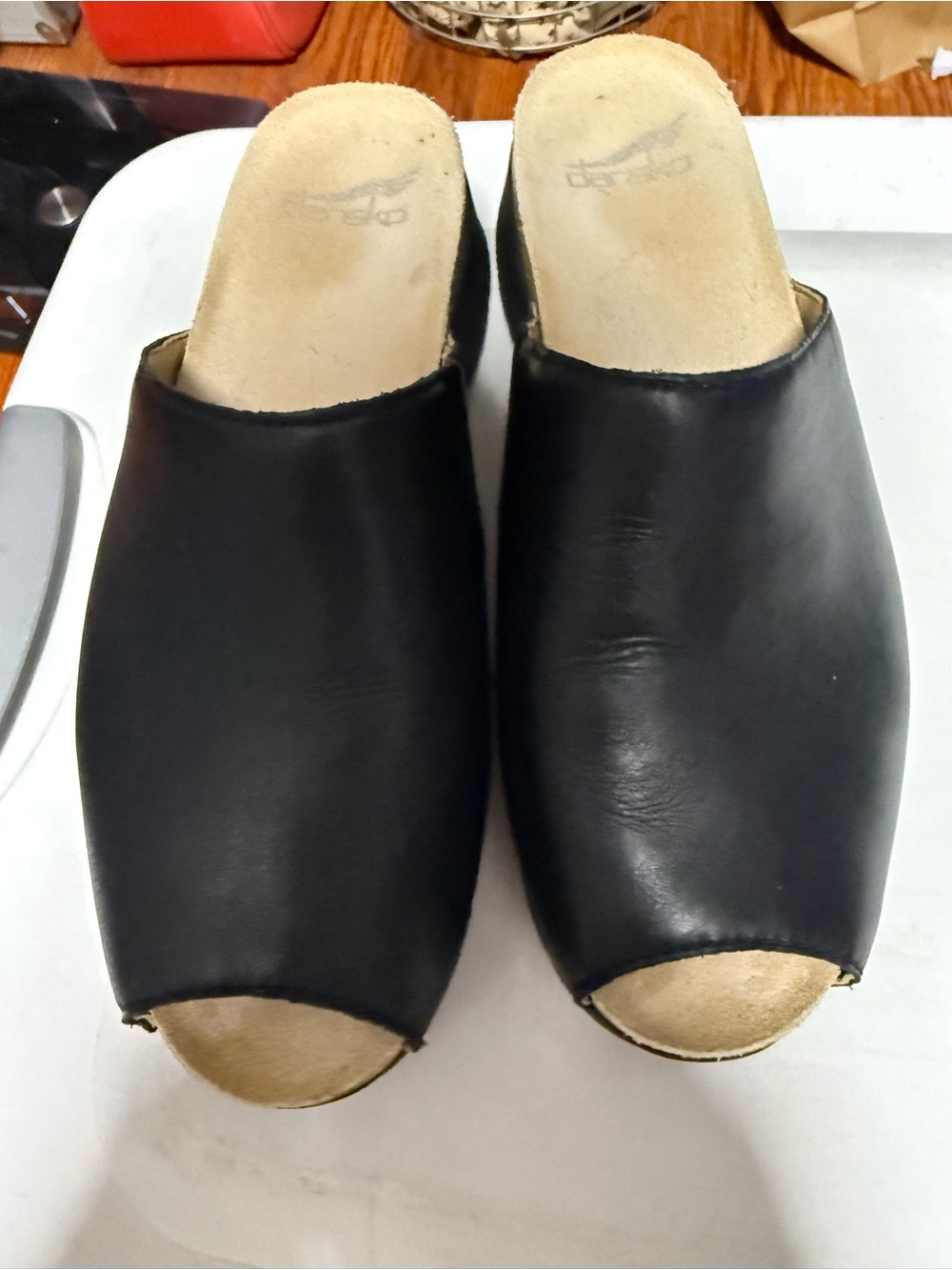 Dansko Black Peep-Toe Leather Slide Mules